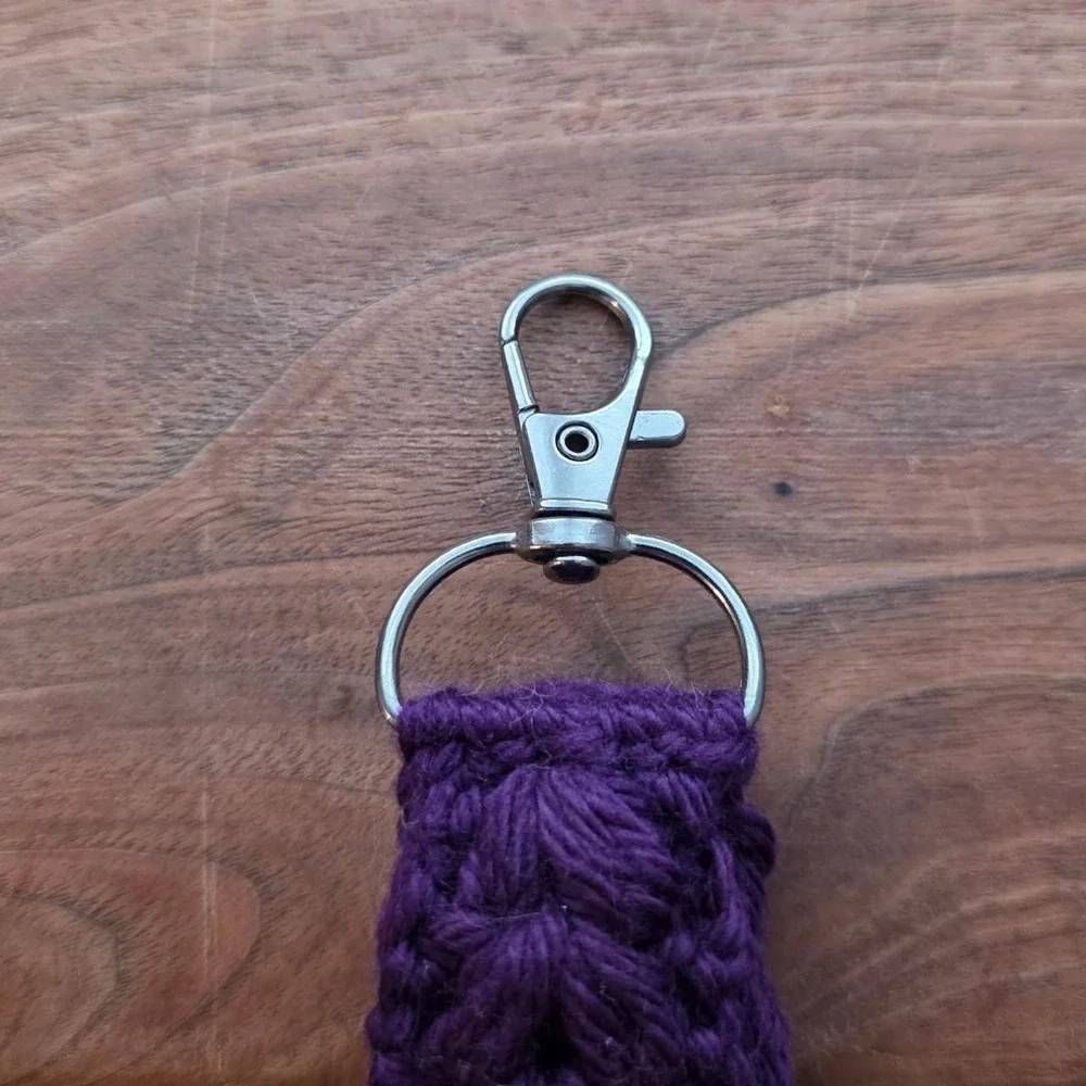 Handmade Purple Crochet Wristlet Key Fob Lanyard Floral Puff Gunmetal Clasp
